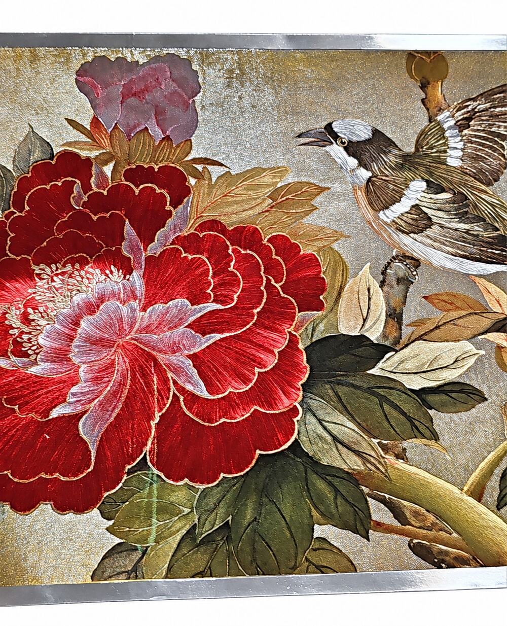 Vintage Dufex Foil Art Print Red Peony Bird Floral Metallic Wall Decor Botanical